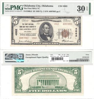 1929 $5 First National Bank And Trust Company Of Oklahoma City Pmg Vf - 30 Epq