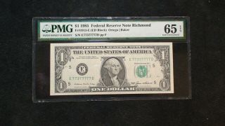 1985 One Dollar Pmg Gem Unc 65 Epq Great Serial Number Richmond Note $1 Bill