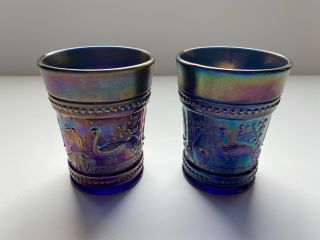 Northwood Blue Carnival Glass Set Of Two Peacock At The Fountain Tumblers Signed