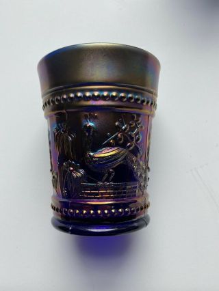 Northwood Blue Carnival Glass Set of Two Peacock at the Fountain Tumblers Signed 2