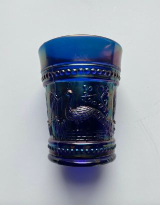 Northwood Blue Carnival Glass Set of Two Peacock at the Fountain Tumblers Signed 3