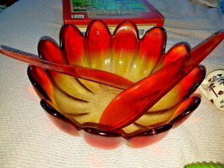 Vintage Mid Century Modern Red Yellow Glass Salad Fruit Bowl Lotus Petal 11.  5
