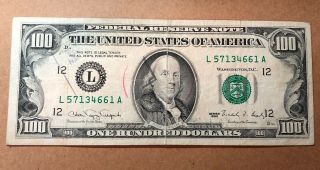 1990 L Federal Reserve Note One Hundred Dollar Bill Small Head San Francisco