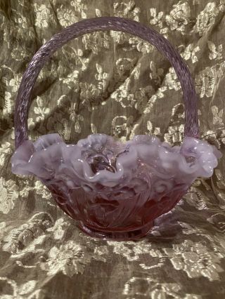 Fenton Plum Opalescent - Lily Of The Valley - Basket Ruffled Trim Applied Handle