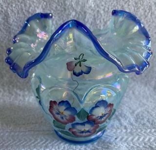 Fenton Glass Iridized Blue Opal Open Heart Arches Drapery Optic Vase Signed