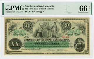1872 Cr.  7 $20 The State Of South Carolina Note - Pmg Gem 66 Epq