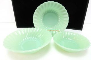 Two (2) Fire King Anchor Hocking Jadeite Shell Swirl 6 - 3/8” & One Fruit 5 " Vgc