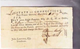 1781 Connecticut Pay Table Revolutionary War Note Ralph Pomery 1st Lieutenant
