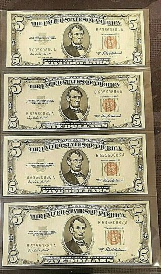 1953 A $5 Dollar Currency Uncirculated 4 Consecutive Serial Red Seal Series