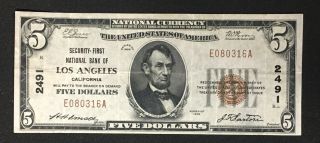 1929 $5 Security - First Nat.  Bank Of Los Angeles Ca National Currency Ch 2491