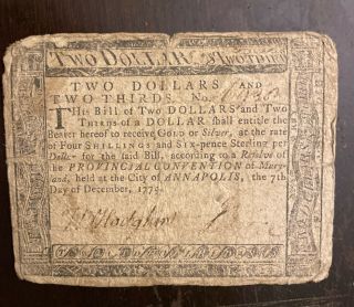 1775 Annapolis Maryland Two Dollars And 2/3rds Colonial Continental Currency