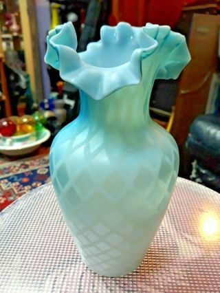 Fenton Art Glass Satin Blue Diamond Optic Ruffled Top Vase 1972 Stunning