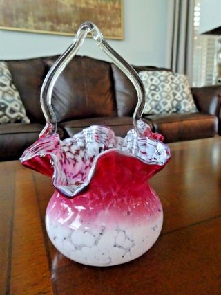 Victorian Stevens & Williams Webb Art Glass Spatter Cased Cranberry Basket Candy