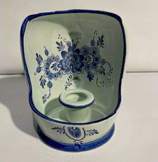 Vintage Delft Style Blue White Ceramic Candle Holder Table Or Wall Sconce
