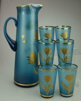 Vcelnicka Bohemia Blue Glass Pitcher With Gold & 6 Glasses Czechoslovakia Gg20