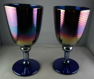 Rick Strini Blue Swirl Iridescent Art Glass Goblets Signed