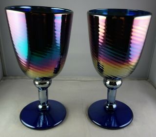 Rick Strini Blue Swirl Iridescent Art Glass Goblets Signed 2