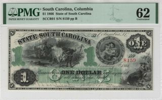 1866 $1 State Of South Carolina Columbia Obsolete Note Cut Cancelled Pmg Unc 62