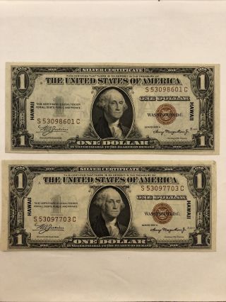 2 1935 - A Hawaii $1 Silver Certificates Emergency Issue Wwii Currency Notes 19958