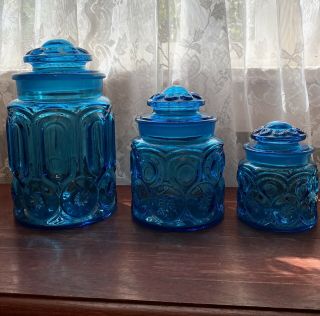 3 Vintage Le Smith Moon & Stars Canister Set Aqua Blue Glass Lidded Canisters