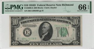 1934 D $10 Federal Reserve Note Richmond Fr.  2009 - E Pmg Gem Unc 66 Epq (028b)