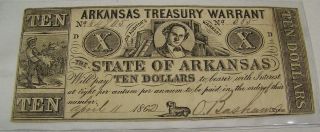 1862 $10.  00 Arkansas Treasury Warrant Ar - Xf - Au