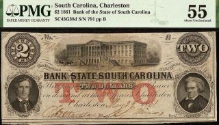 1861 $2 Two Dollar South Carolina Bank Note Large Currency Paper Money Pmg 55