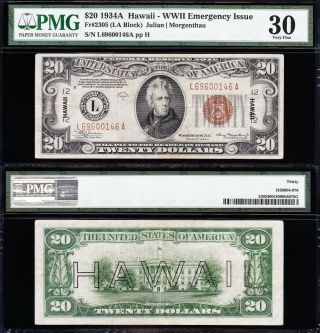 Awesome Bold & Crisp Vf,  1934 A $20 Hawaii Fed Reserve Note Pmg 30 L69600146a
