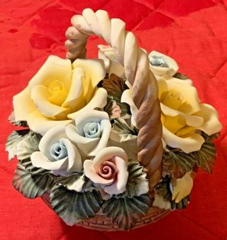 Vintage Capodimonte Floral Flower Bouquet Roses Blue Yellow Pink Pedra.  Angel