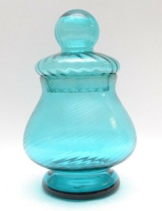 Mid Century Teal Italian Art Glass Lidded Apothecary Jar / Bon Bon Jar