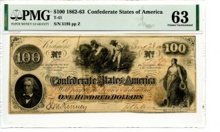 1863 $100 Confederate Currency T - 41 Pmg 63