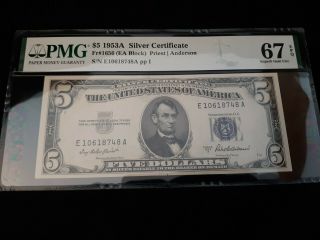 Gem - Fr.  1656 1953 A $5 Silver Certificate,  Pmg 67 Epq 8