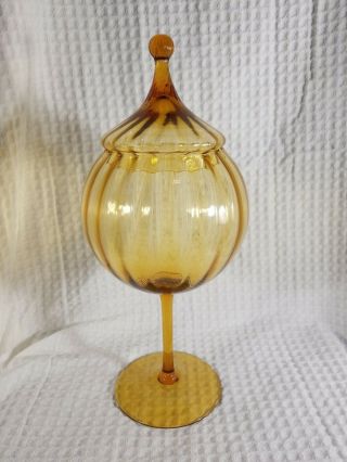 Mid Century Modern 15 " Tall Amber Empoli Art Glass Compote Candy Dish Italy