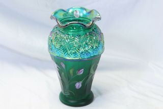 Fenton Glass Vase Iridescent Green Hand Painted With Sticker 8.  25 "