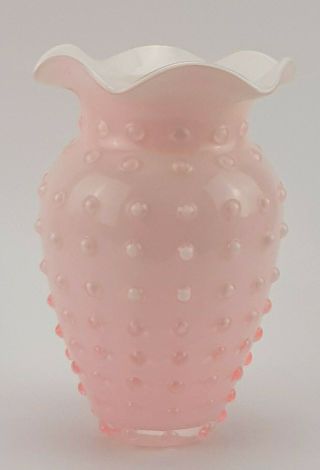 Gorgeous Pink Hobnail Opalescent Vase - Pink Over White With Fluted Edge Vintage