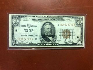 1929 $50 Federal Reserve Bank York Ny $50.  00 National Currency Note