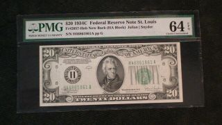 1934 C Twenty Dollar Pmg Cu64 Epq St.  Louis Federal Reserve Note $20 Bill