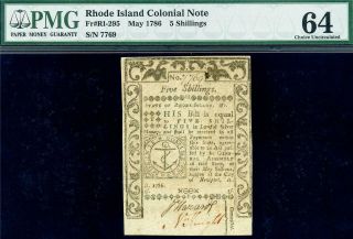 Hgr Saturday 1786 5 Shillings Colonial Rhode Island ( (wow))  Pmg Choice Unc 64
