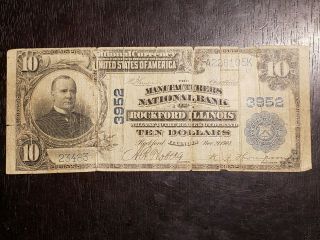 Series Of 1902 $10 National Currency Manufacturers National Bank Of Rockford,  Il