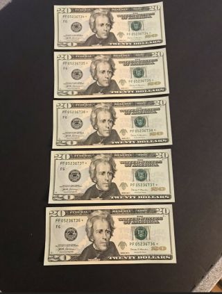 Uncirculated 5 X Consecutive $20 Dollar Bill Star Notes Low Serial Number