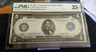 1914 $5 Federal Reserve Note Large Size Currency Vf 25