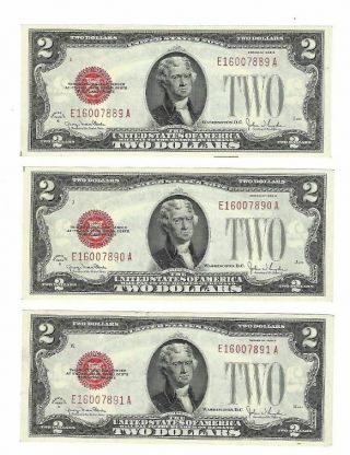 1928 - G $2 Red Seal Legal Tender Us Notes 3 Consecutive Notes Uncirculated
