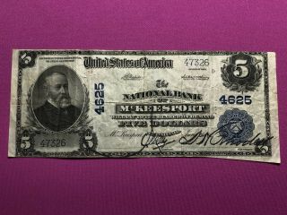 Large Size National Currency 1902 $5 Mckeesport Pa Charter 4625