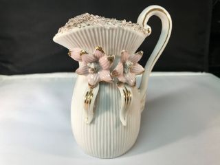 Vintage Thames Porcelain Vase Pitcher Hand Painted 3d Pink Flowers Gold Accents