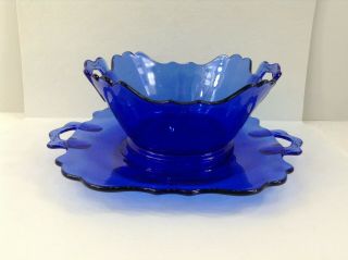 L.  E.  Smith Cobalt Blue Depression Glass Bowl W/ Handles,  Platter (2 Pc. )