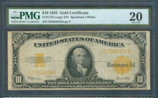 $10 Gold Certificate Series 1922,  Pmg Very Fine 20