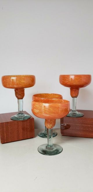Exc Fabulous Set 4 Bright Orange Bubbles Mexican Art Glass,  Margarita Glasses