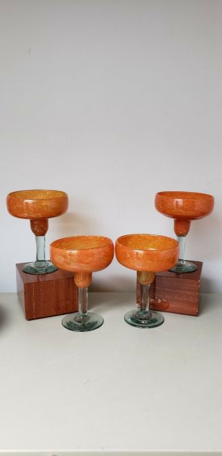 EXC FABULOUS SET 4 BRIGHT ORANGE BUBBLES MEXICAN ART GLASS,  MARGARITA GLASSES 3