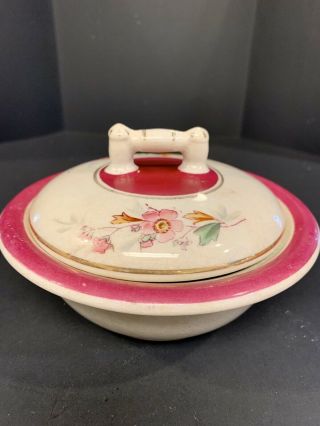 Vintage Round Ceramic Covered Butter Dish With Ice Insert Maroon Floral Pattern