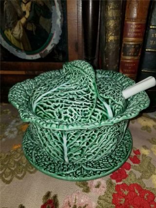 Vintage Pereira Majolica Green Cabbage Leaf Soup Tureen Bowl Lid Plate & Ladle